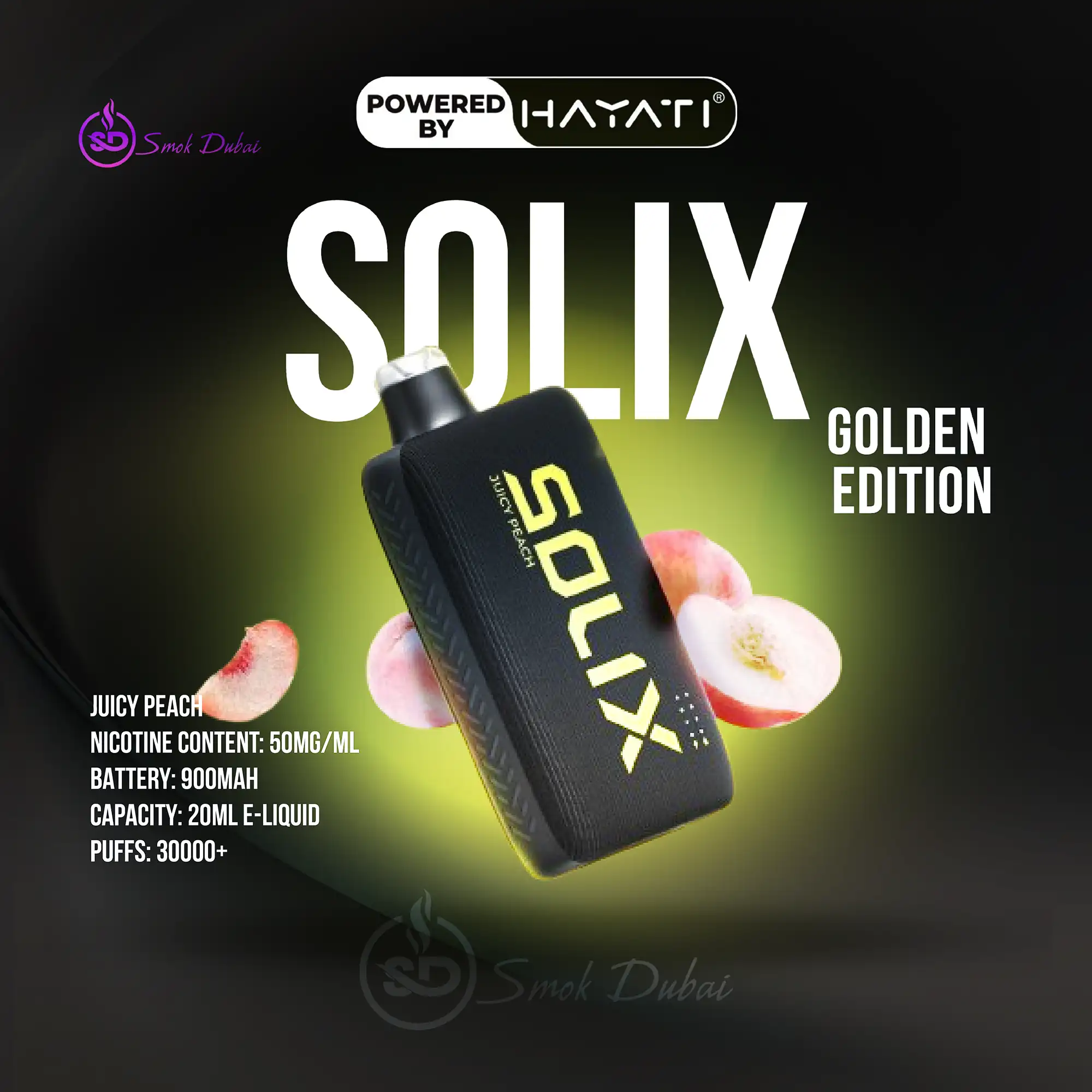 Hayati Solix 30000 Puffs Disposable Vape Golden Edition JUICY PEACH Flavors In UAE